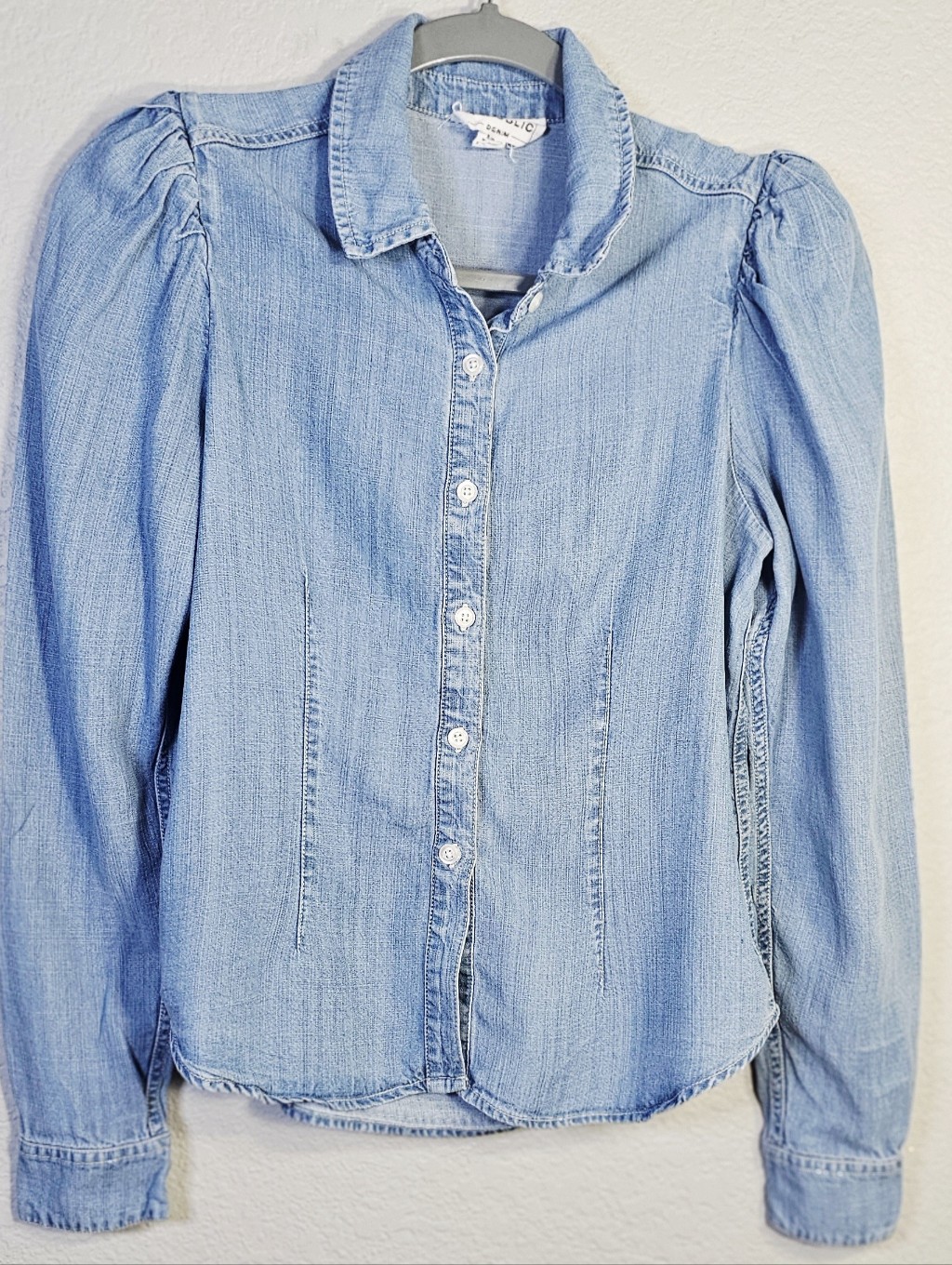For The Republic Denim Chambray Button Front Puff Sleeve Shirt Small Petite